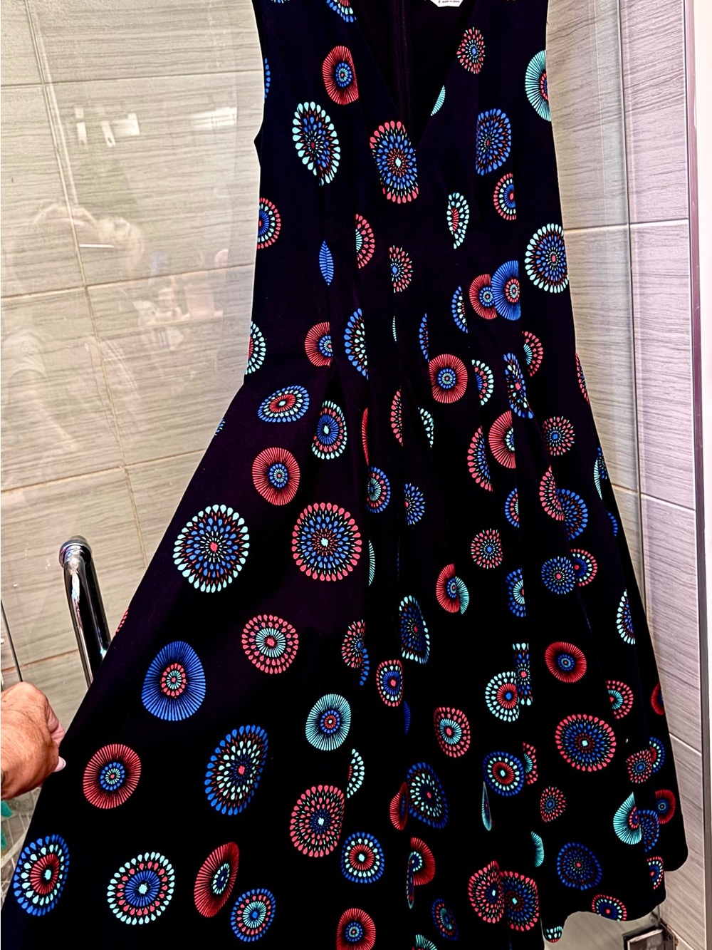 Kate Spade Black Fit & Flare Dress with Red, Blue & Turquoise Medallion Print - Picture 2 of 8